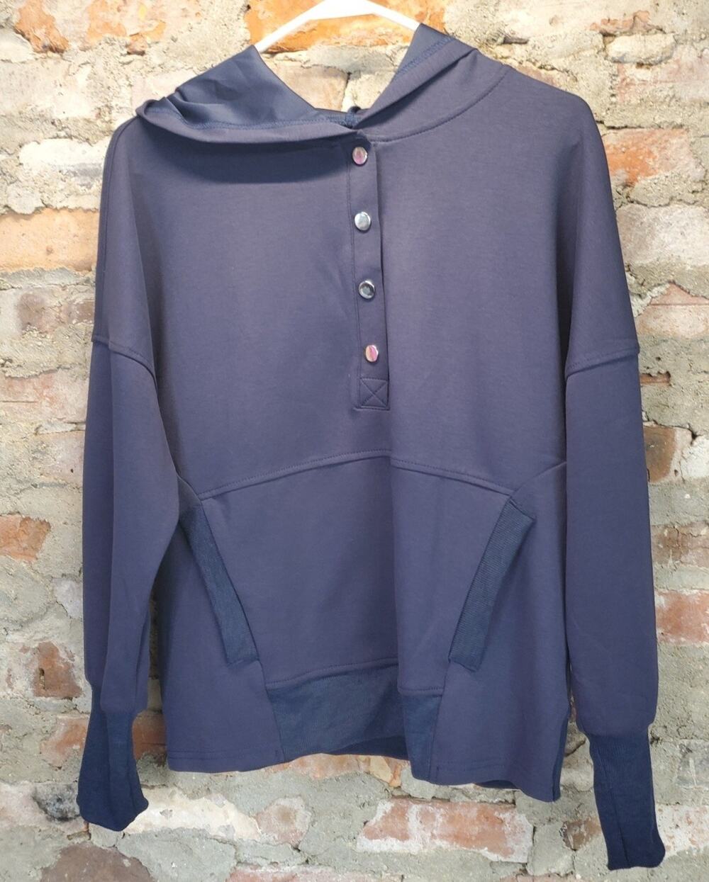 Fashion Hoodie Pullover S Navy Blue Snap Button Hooded Front Pocket - Picture 1 of 3